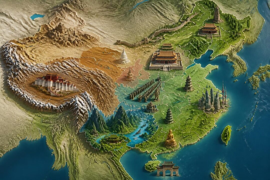 entdecken sie die besten sehenswürdigkeiten chinas auf einer übersichtlichen karte. alle highlights nach region geordnet für eine einfache reiseplanung.