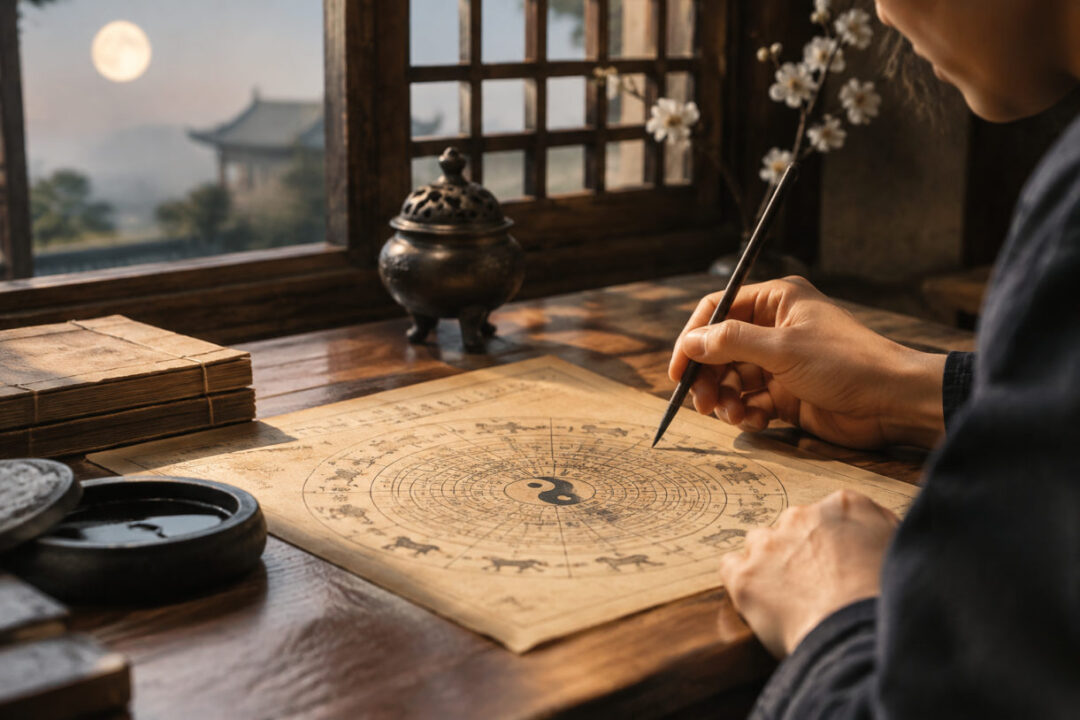 Traditioneller chinesischer Mondkalender mit Mondphasen, Tierkreiszeichen und rot-goldenen Schriftzeichen auf Papier