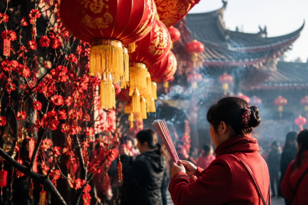 Rote Laternen und Feuerwerk über einer Altstadtgasse während der Frühlingsfest-Feiertage in China